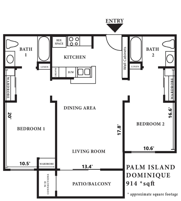 Floor plan for 2 beds, 2 baths, 914 sqft